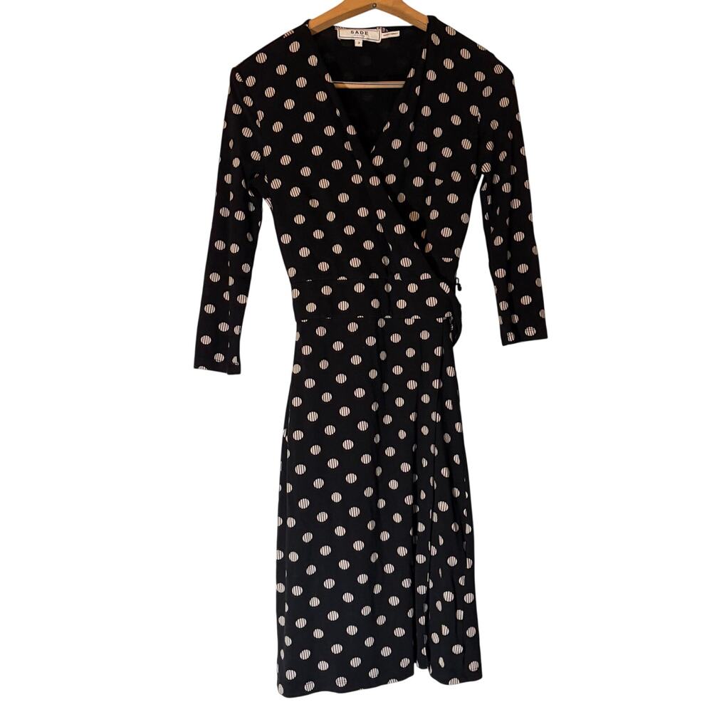 Sade womens black cream polka dot 3/4 sleeve knee length wrap dress.  Size 2